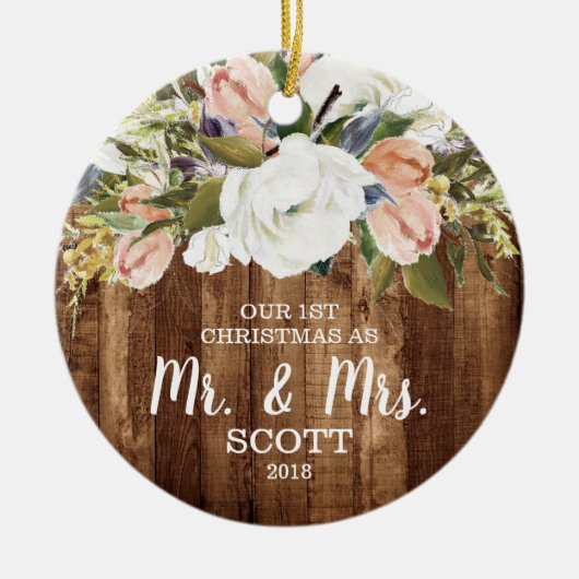 Land Floral Eerste Kerstmis trouwde Mr & Mrs. Keramisch Ornament (Voorkant)