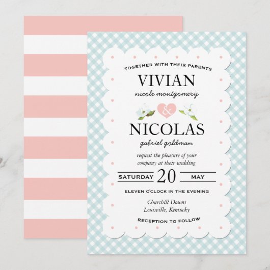 Land Floral Gingham Pink Blue Wedding Kaart (Voorkant / Achterkant)