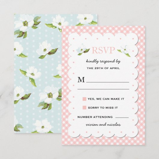 Land Floral Gingham Pink Blue Wedding RSVP (Voorkant / Achterkant)