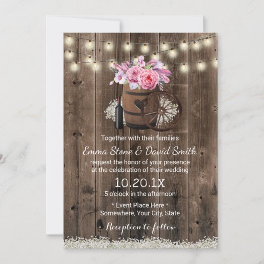 Land Floral Wood Barrel Rustic Wedding Kaart (Voorkant)