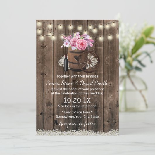 Land Floral Wood Barrel Rustic Wedding Kaart (Staand voorkant)