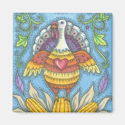 LAND FOLK ART THANKSGIVING TURKEY MAGNET Square (Voorkant)