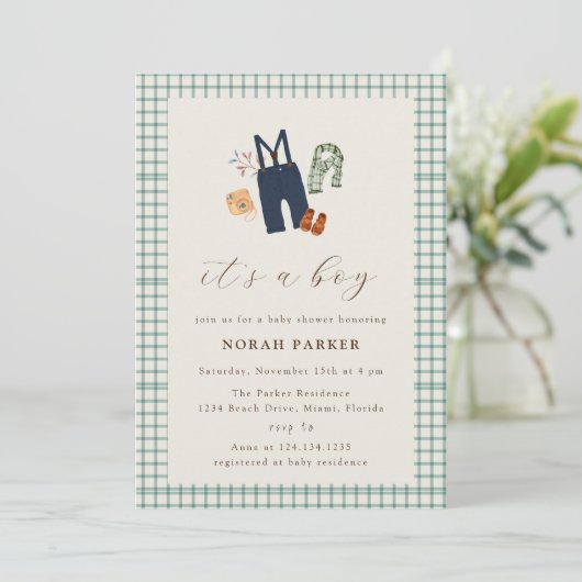  land geruite jongenskleding Baby shower Kaart (Staand voorkant)