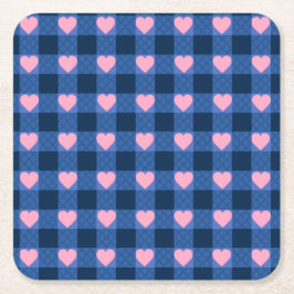 Land Gingham Blauw Roze Hart Patroon Kartonnen Onderzetters