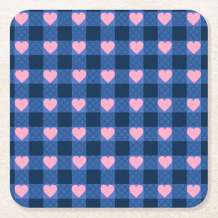 Land Gingham Blauw Roze Hart Patroon Kartonnen Onderzetters