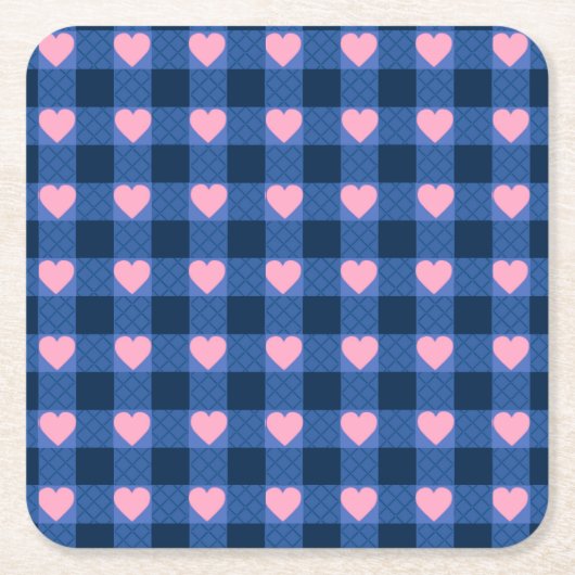 Land Gingham Blauw Roze Hart Patroon Kartonnen Onderzetters (Voorkant)