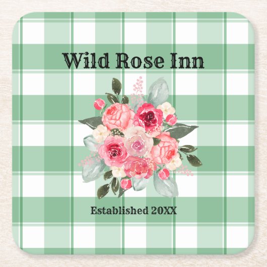 Land Gingham Wilde Rozen B & B Aangepaste boerderi Kartonnen Onderzetters (Voorkant)