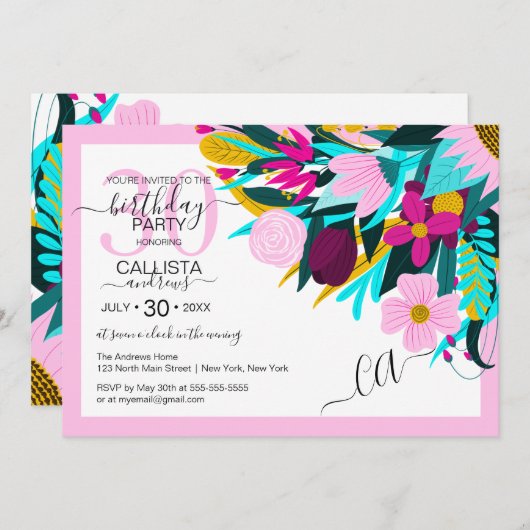 Land Gouden Roze Bloem Bladeren Rand Verjaardag Kaart (Voorkant / Achterkant)