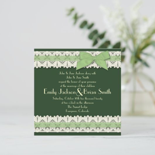 Land groene lint kant bruiloft uitnodigingen (Staand voorkant)