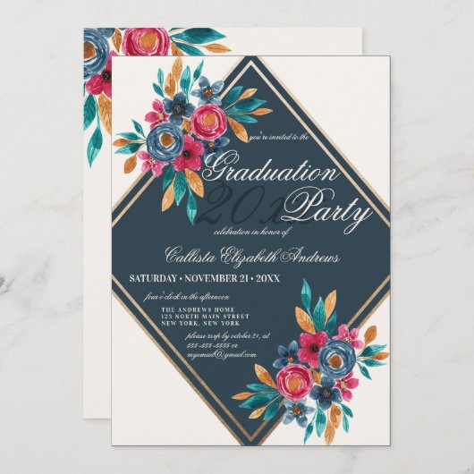 Land Herfst Gouden Waterverf Bloemen Afstuderen Kaart (Voorkant / Achterkant)