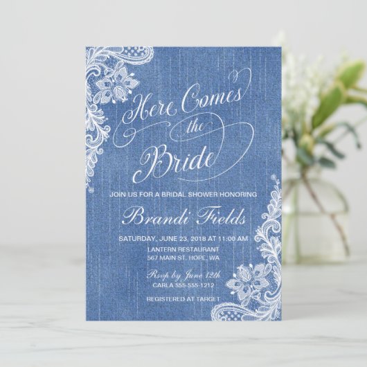 Land hier komt de bride Shower in denim Kaart (Staand voorkant)