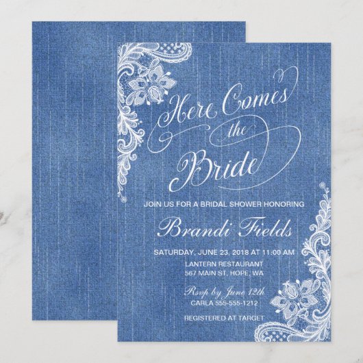 Land hier komt de bride Shower in denim Kaart (Voorkant / Achterkant)