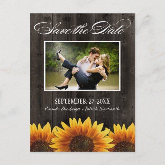 Land Hout Rustieke Zonnebloem Save the Date Cards Aankondigingskaart (Voorkant)