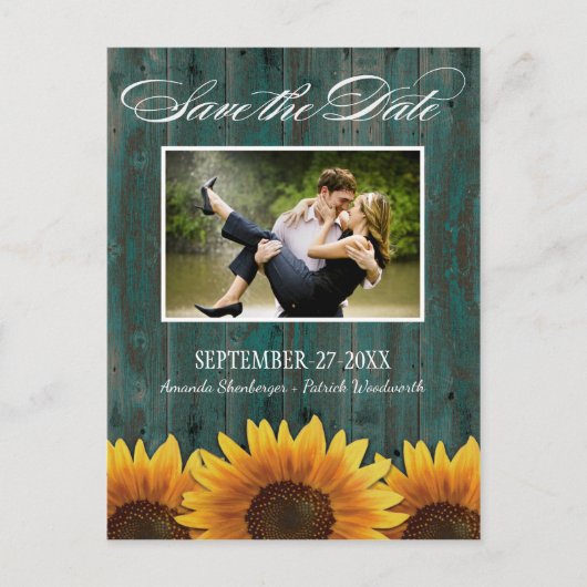 Land Hout Rustieke Zonnebloem Save the Date Cards Aankondigingskaart (Voorkant)