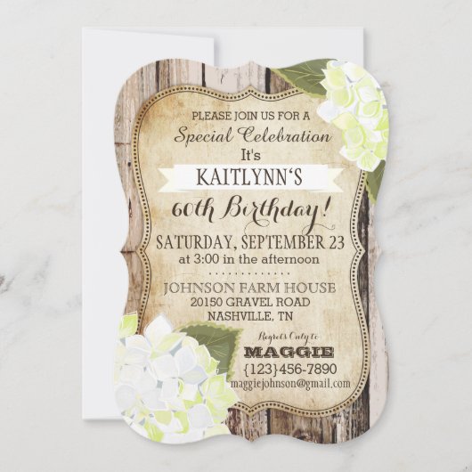 Land Hydrangeas en Rustic Wood Birthday Invite Kaart (Voorkant)
