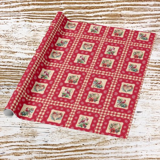 Land Kardinaal en Floral krans Gingham Pleinen Cadeaupapier