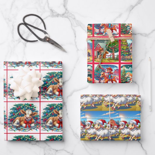 Land Kerst Kinder Paarden Kalf en Schaap Inpakpapier Vel (Voorkant)