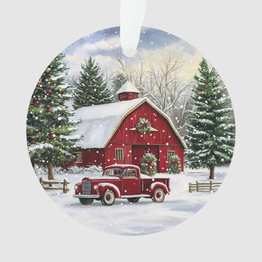 Land Kerst Rode Truck en Schuur Ornament (voorkant)