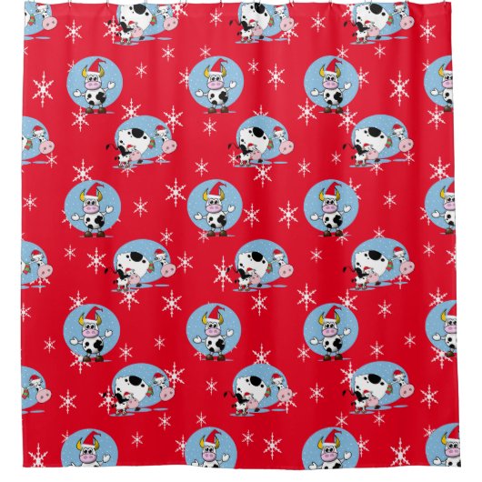 Land Kerstmis Koeien met Santa Hat Douchegordijn (Voorkant)