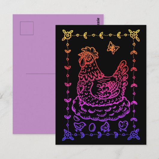 LAND KIP, EI, CHICK & FOLK ART GRENS BRIEFKAART (Voorkant / Achterkant)