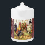 Land Kitchen Barnyard Roosters Teapot Theepot<br><div class="desc">Landenkeuken-werf-roosters en baby-kippen De achtergrond van Teapot is een schuurrood houtpatroon. Kies je grootte!</div>
