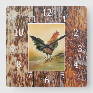 Land Kitchen Rooster Rustic Wood Farmhouse Vierkante Klok