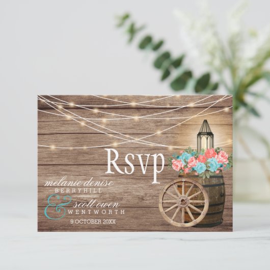 Land Licht Blauwgroen en Koraal - Houtsvat RSVP Kaartje (Staand voorkant)