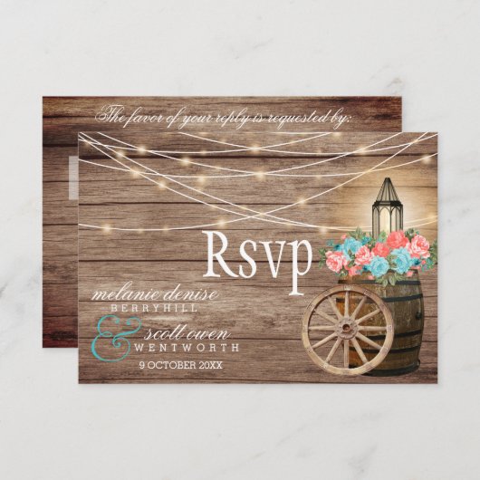 Land Licht Blauwgroen en Koraal - Houtsvat RSVP Kaartje (Voorkant / Achterkant)