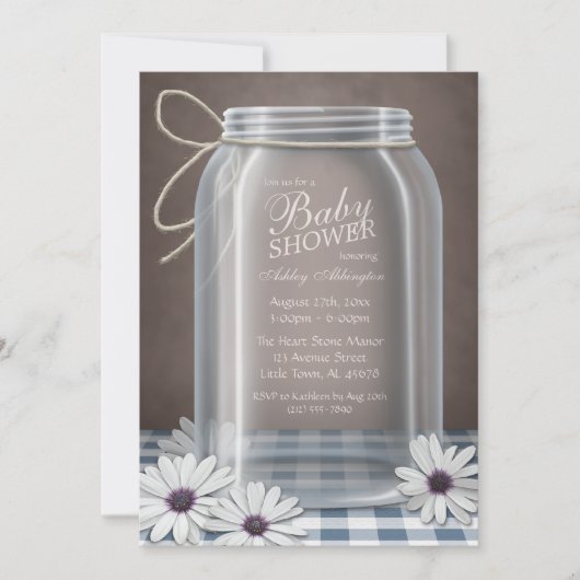 Land Mason Jar Blue Gingham Baby shower Kaart (Voorkant)