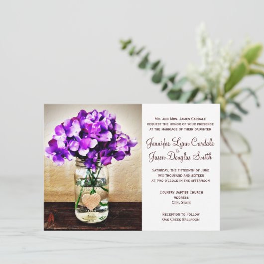 Land Mason Jar Hydrangea Wedding Invitation Kaart (Staand voorkant)