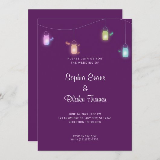 Land met kleurcode Mason Jars Paarse bruiloft Kaart (Voorkant / Achterkant)