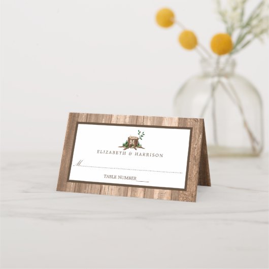 Land Monogram Boom & Hout Bruiloft Plaatskaartje (Voorkant)