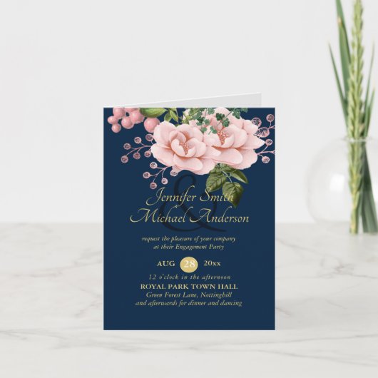 Land Navy Blue Blush Roses Gold VERLOVING Notitiekaartje (Voorkant)