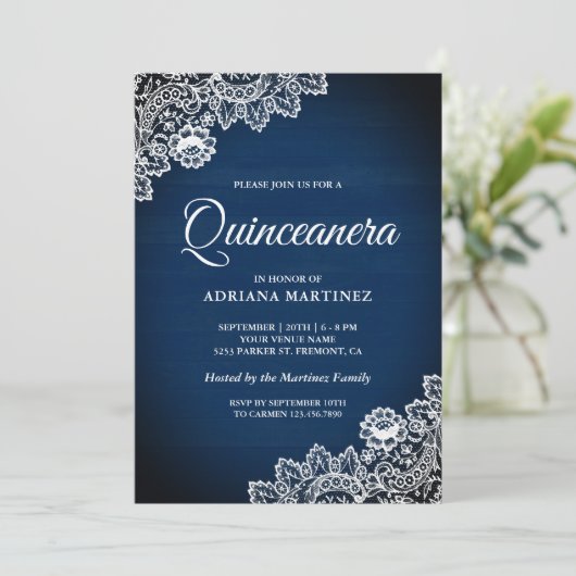  land Navy Blue Wood Lace Quinceanera Kaart (Staand voorkant)