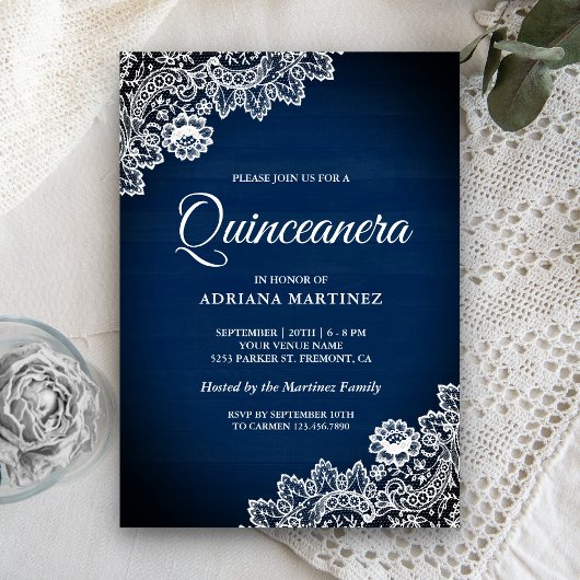  land Navy Blue Wood Lace Quinceanera Kaart