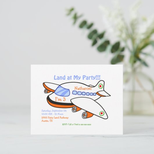 Land op My Party Vliegtuigthema Kinder Uitnodiging Briefkaart (Staand voorkant)