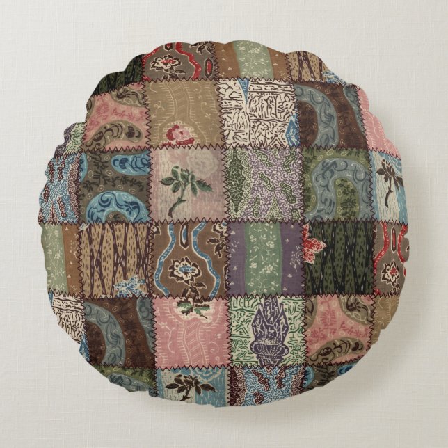 Land patchwork quilt, 3D textuur. Rond Kussen (Voorkant)