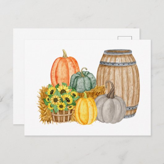 Land Pompoen Oogst - Zonnebloemen en Vat Briefkaart (Voorkant / Achterkant)