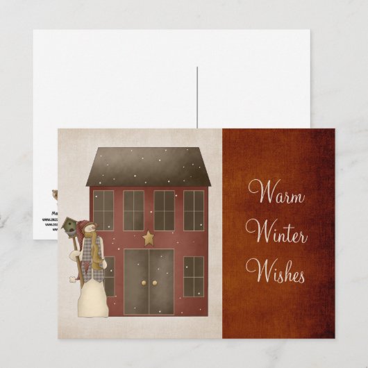 Land Prim Sneeuwman & Saltbox House Design Feestdagenkaart (Voorkant / Achterkant)