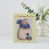 Land Primitief Snowman met Blauwe Vogel Feestdagenkaart (Staand voorkant)