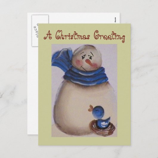 Land Primitief Snowman met Blauwe Vogel Feestdagenkaart (Voorkant / Achterkant)