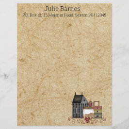 Land Primitive Folk Art Blue Saltbox Home Briefhoofd