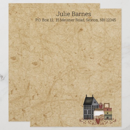 Land Primitive Folk Art Blue Saltbox Home Briefhoofd (Voorkant / Achterkant)