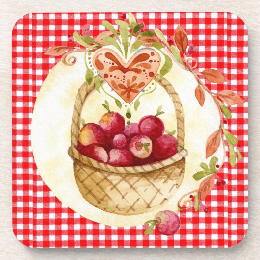 Land Red Gingham with Fruit Basket Set of 6 Bier Onderzetter (Voorkant)