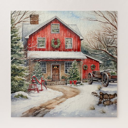 Land Rode Schuur in de winter Legpuzzel (Verticaal)