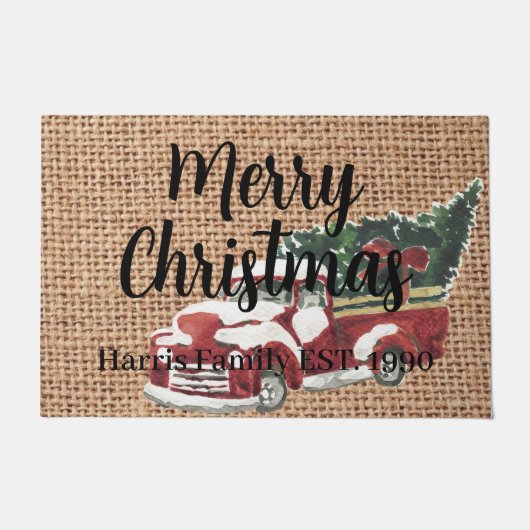 Land rode vrachtwagen Familienaam design op schoot Deurmat (Voorkant)