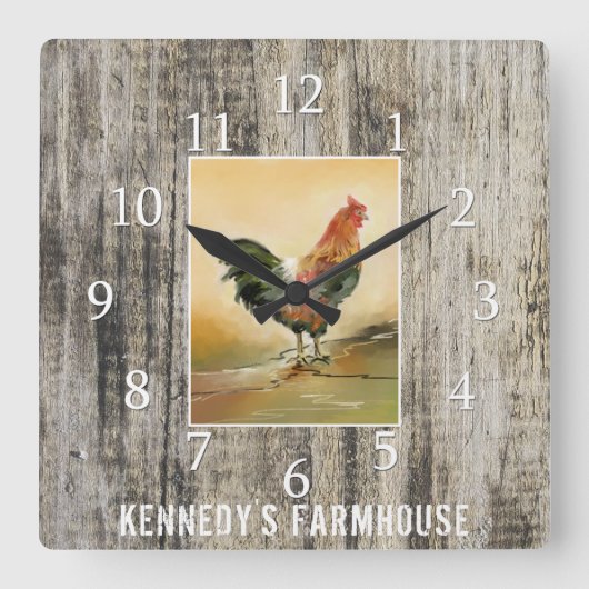 Land Rooster Rustic Wood Farmhouse Naam Vierkante Klok (Voorkant)