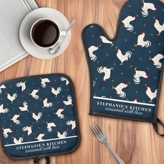 Land Roosters Patroon Marine gepersonaliseerd Ovenwant & Pannenlap Set