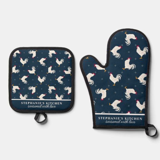Land Roosters Patroon Marine gepersonaliseerd Ovenwant & Pannenlap Set (Voorkant)