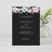  land - Roze en Blauwe Floral Black Wedding Kaart (Staand voorkant)